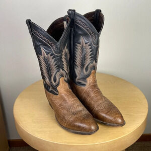 Tony Lama Mens 11.5 Leather Western Boot Two Tone Black Brown Pointed Toe Cowboy